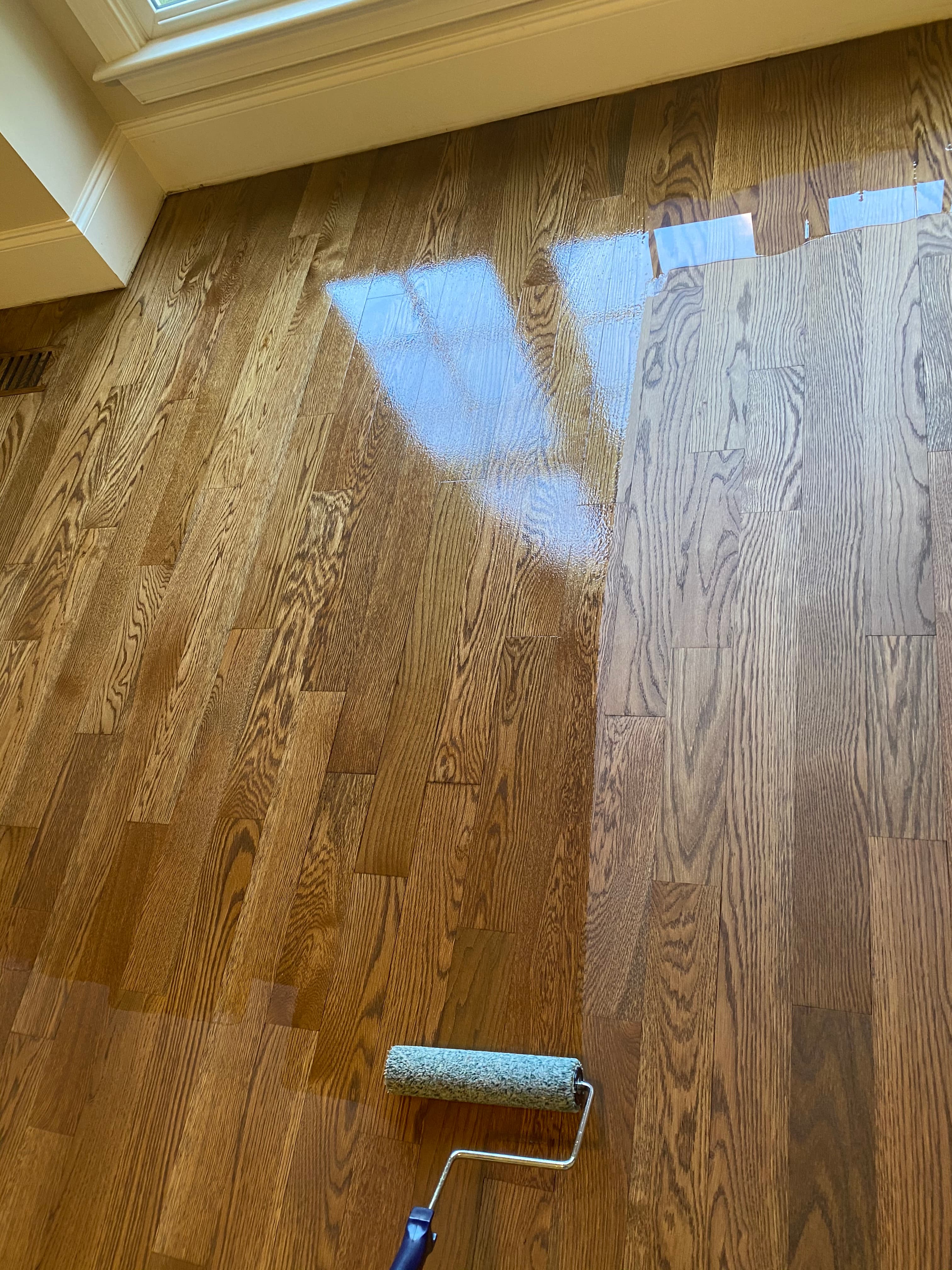 Hardwood floor recoating roller wet finish application red oak